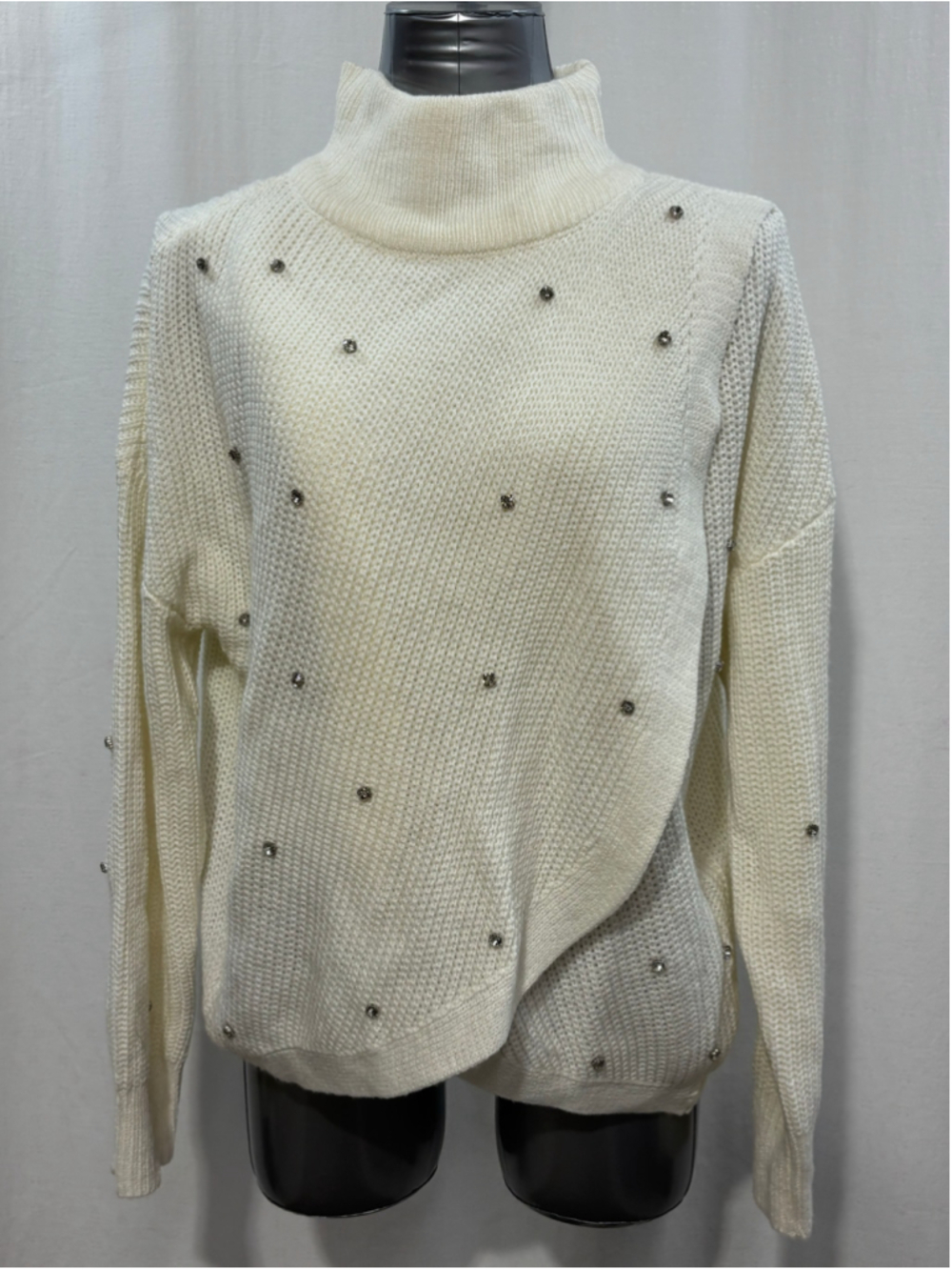 Women's Lily Morgan White Rhinestone Studded Wrap Hem Mock Neck Sweater - XL 790 - Picture 2 of 8